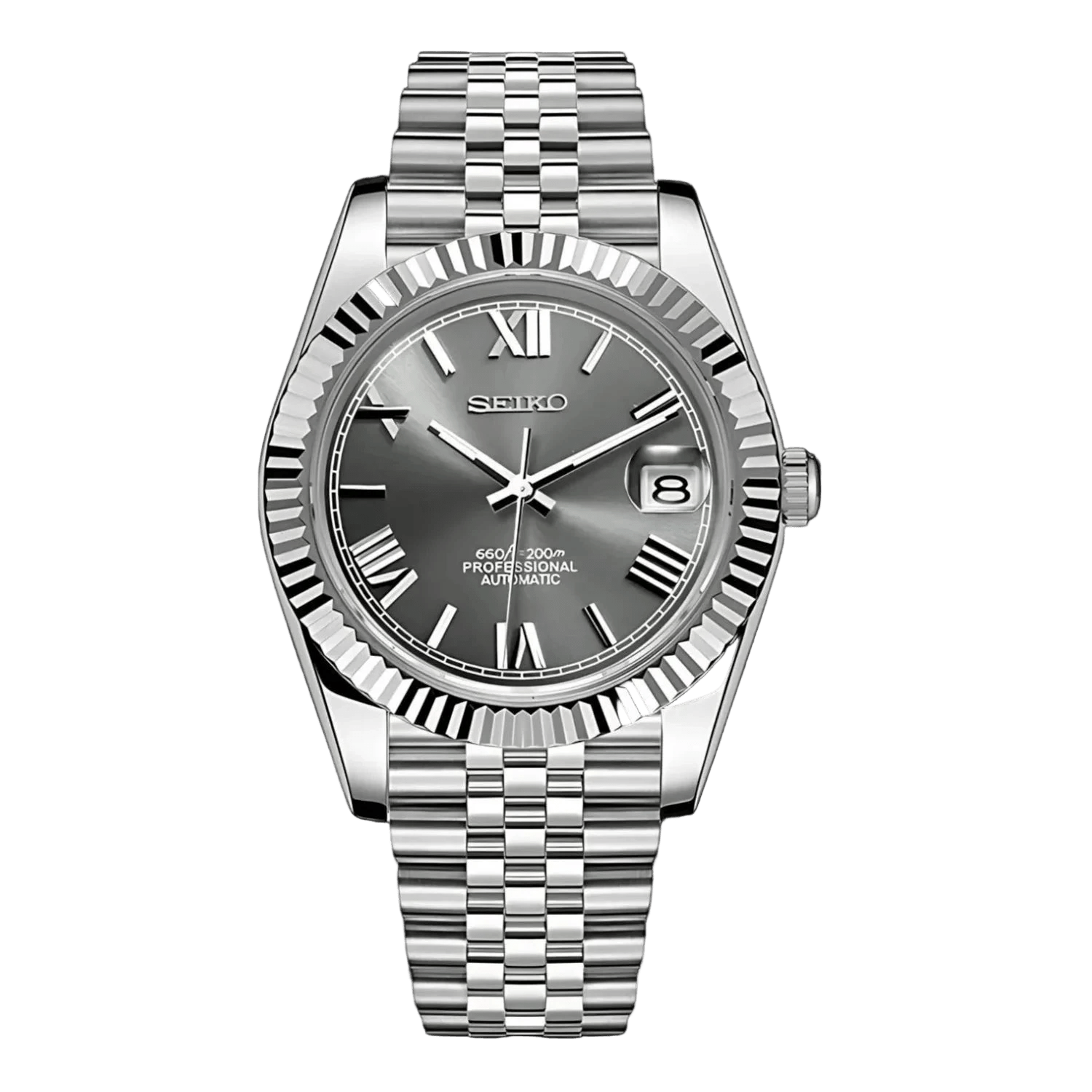 grey Roman dial stainless steel Seiko NH35 mod watch on jubilee bracelet, front view