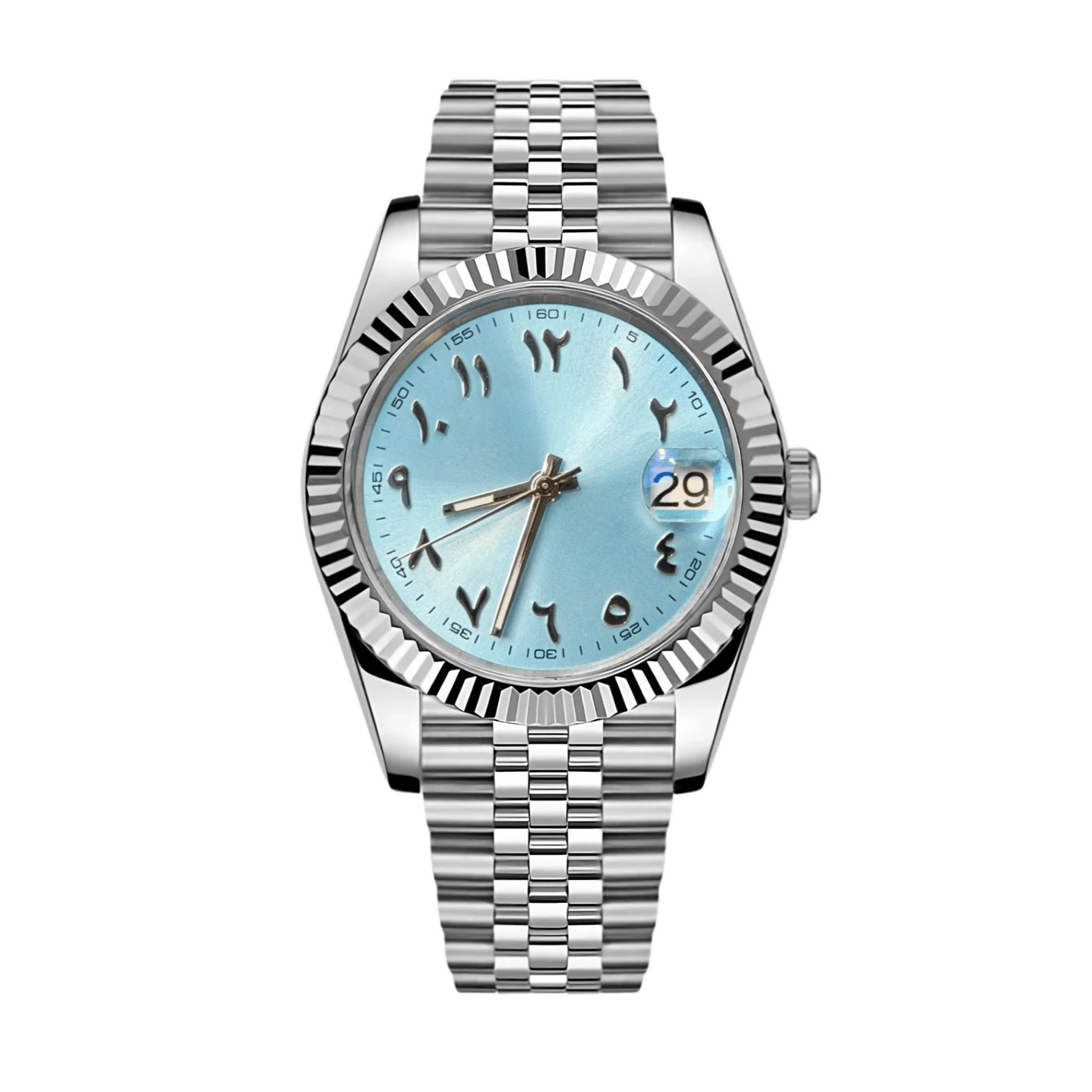 ice blue Arabic dial stainless steel Seiko NH35 mod watch on jubilee bracelet, front view no logo
