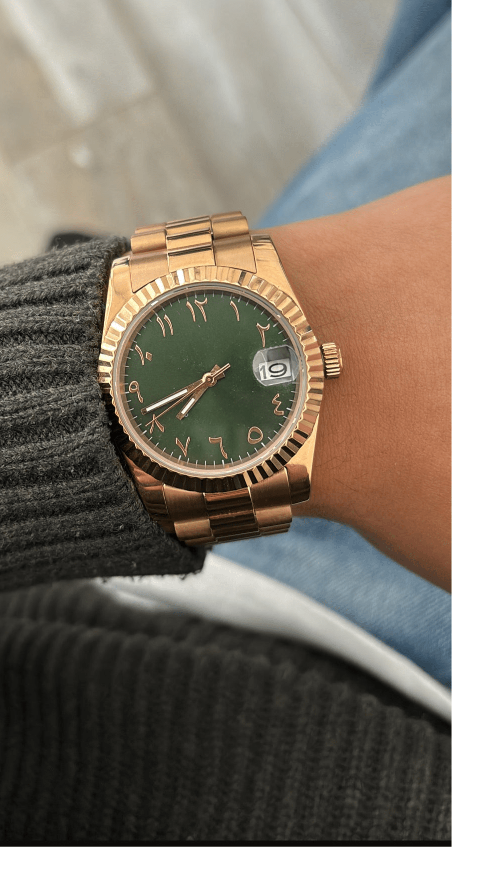 green Arabic dial rose gold Seiko mod automatic watch, wrist shot