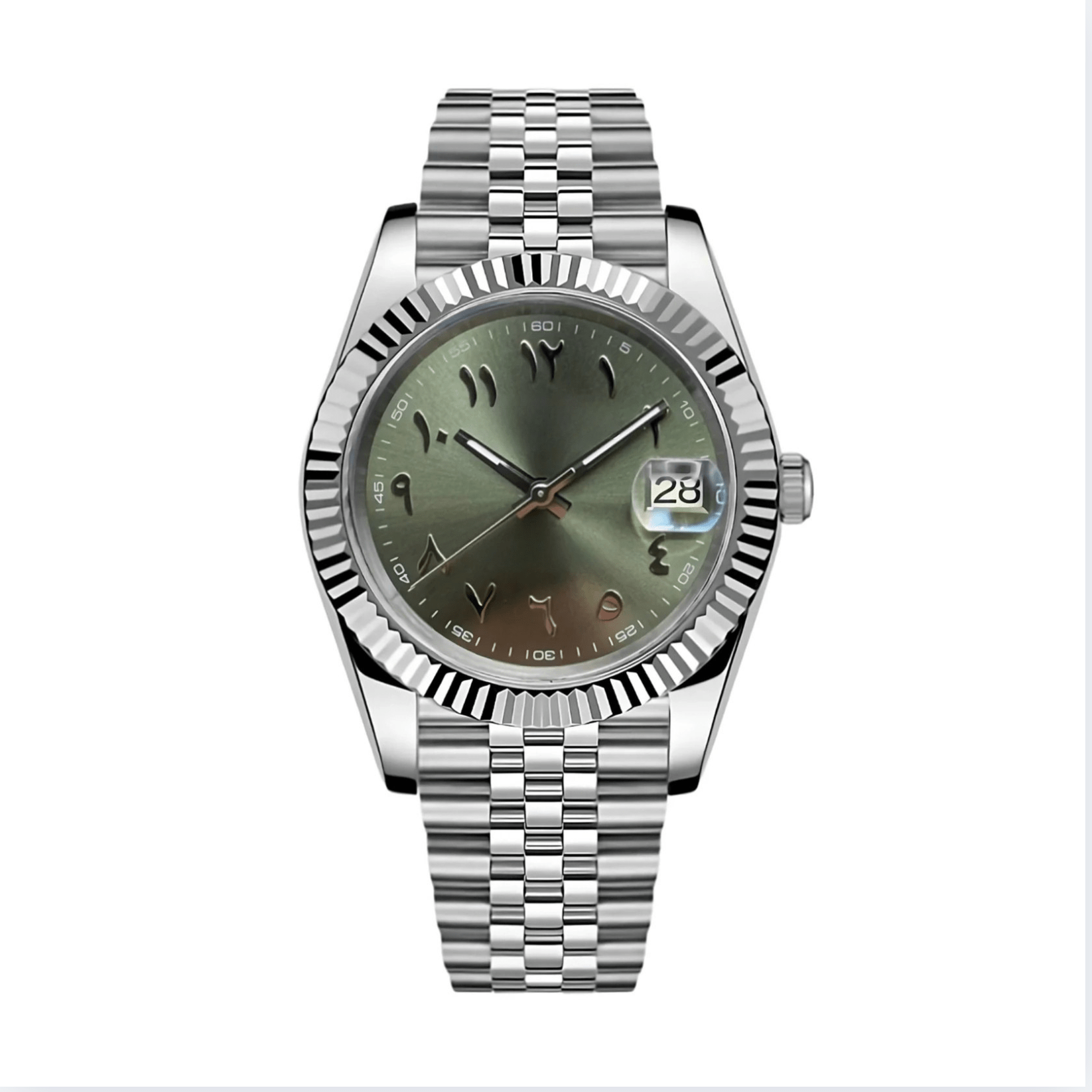 olive green Arabic dial stainless steel Seiko NH35 mod watch on jubilee bracelet, front view