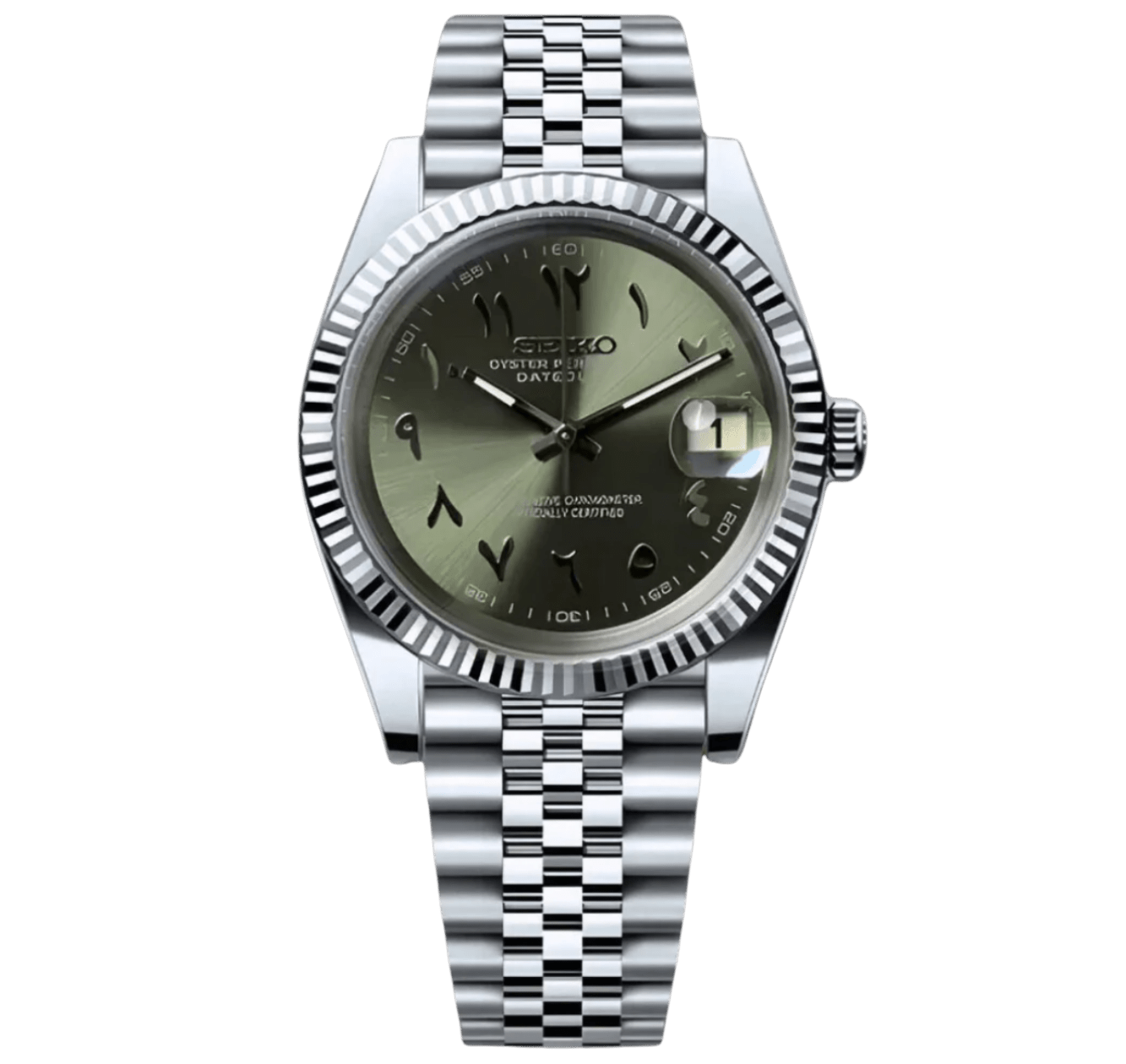 olive green Arabic dial stainless steel Seiko NH35 mod watch on jubilee bracelet, front view
