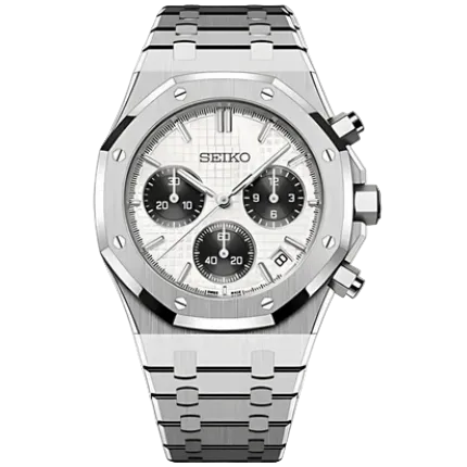 seiko mod panda chronograph royal oak style VK63 quartz
panda dial seiko mod chronograph white dial black sub-dials VK63
