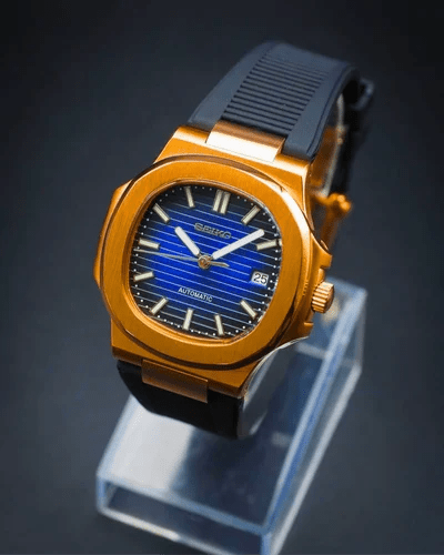 rose gold black seiko mod nautiko rose gold case detail