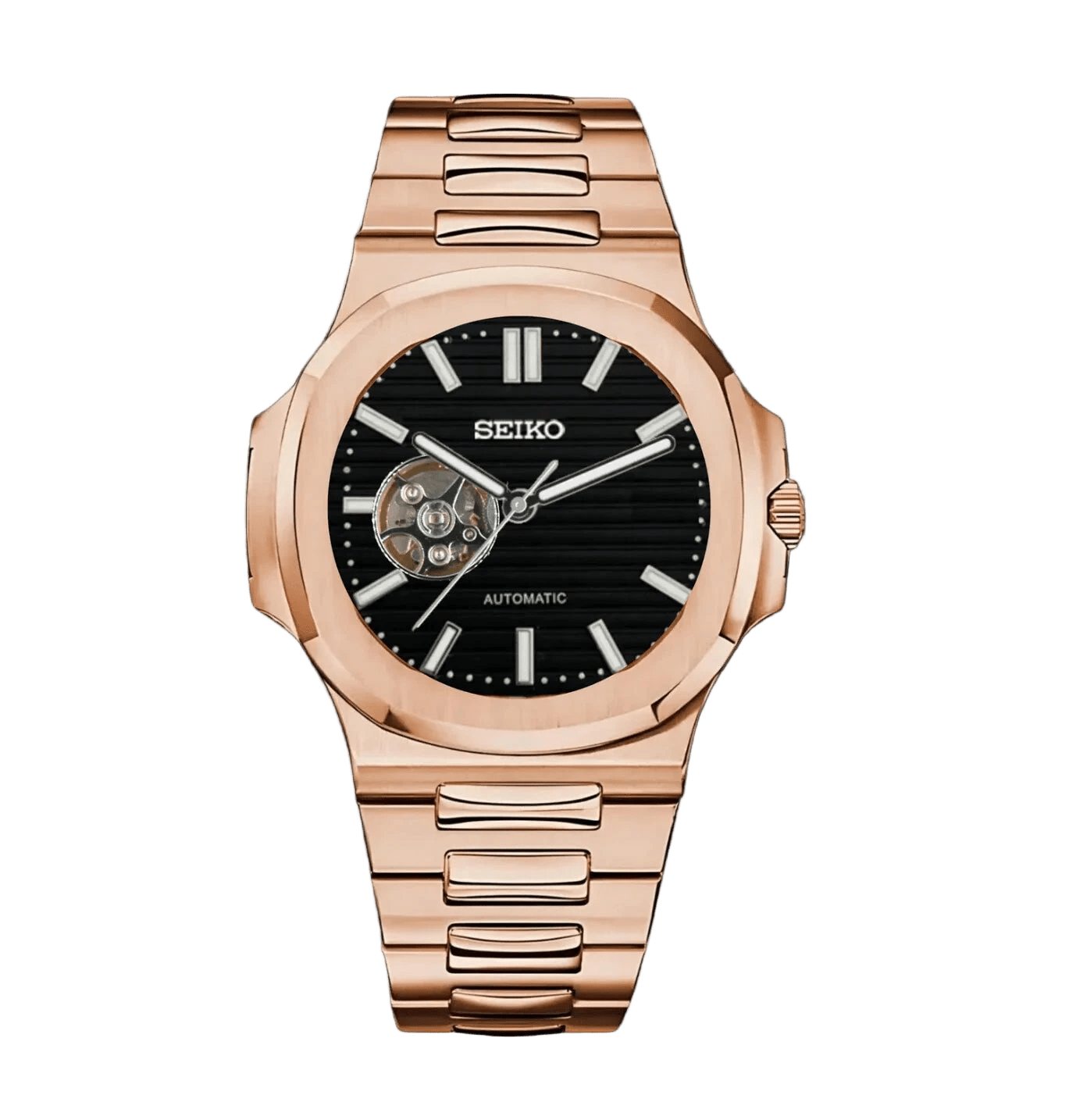 Seiko Mod Nautiko Open Heart Rose Gold Black integrated bracelet watch