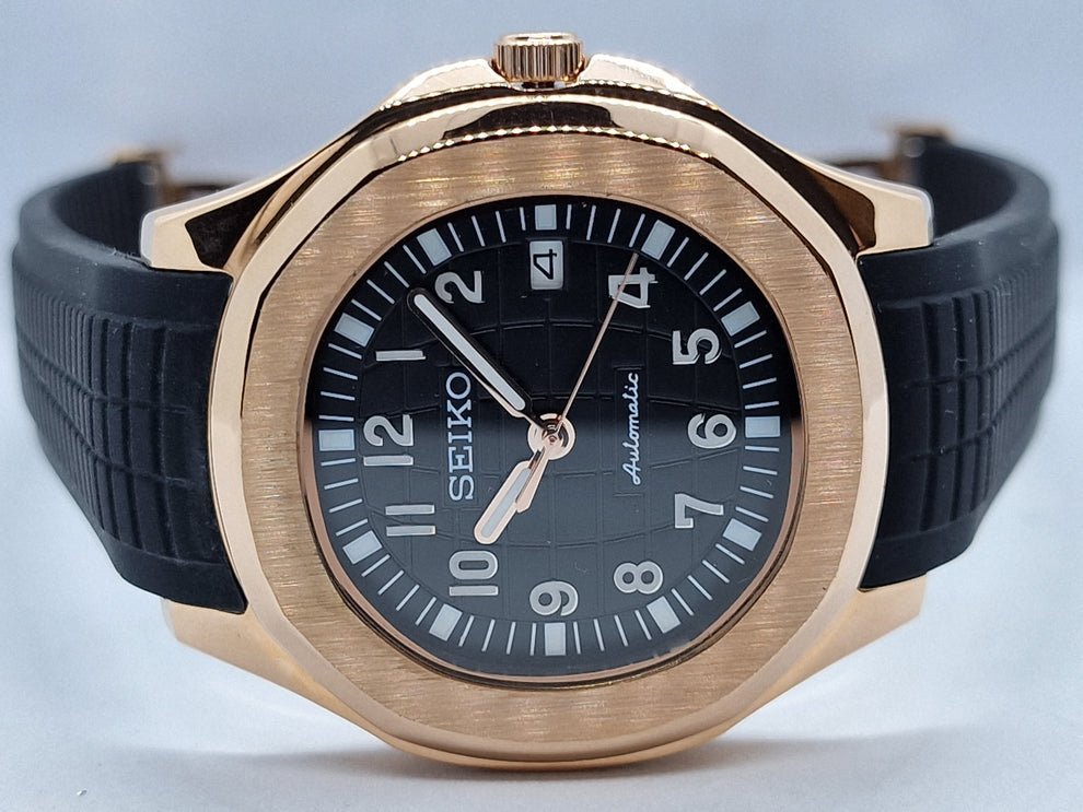 rose gold black seiko mod nautiko date window at 3 oclock