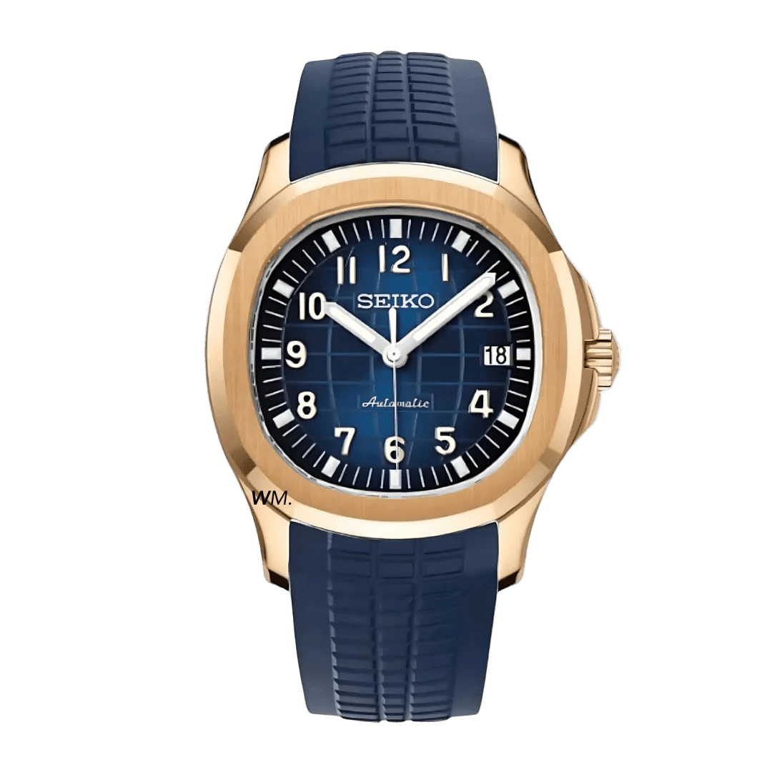 rose gold blue seiko mod nautiko automatic watch front view