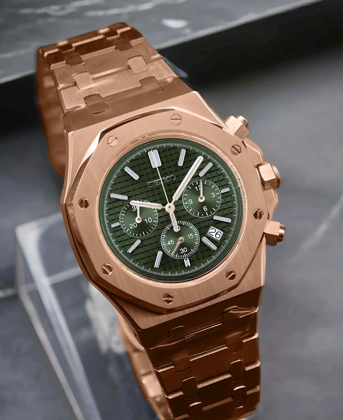 seiko mod royal oak chronograph rose gold tone green textured dial VK63 quartz integrated bracelet