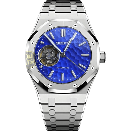 seiko mod royal oak style NH38 automatic octagonal bezel blue textured dial front view