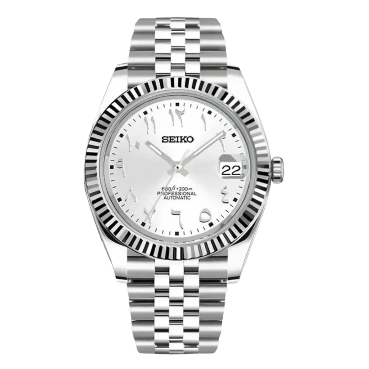 silver Arabic dial stainless steel Seiko NH35 mod watch on jubilee bracelet, front view