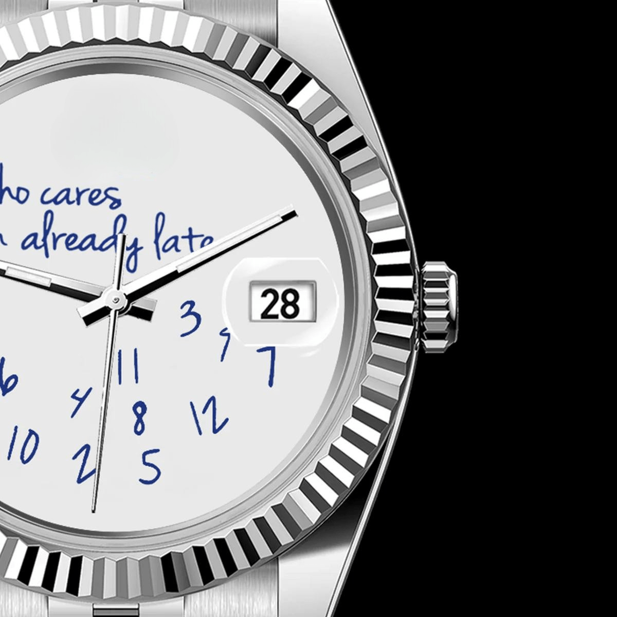 full shot of stainless steel Seiko mod watch with funny white text dial, oyster bracelet, white background