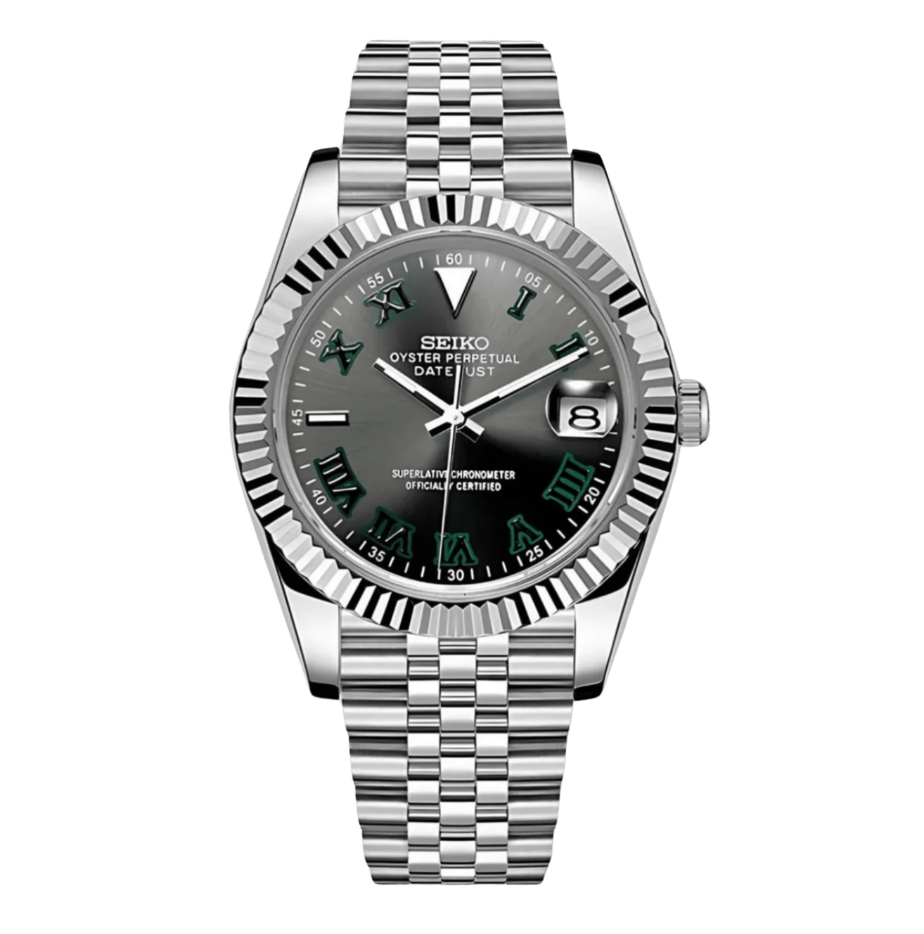 Wimbledon Arabic dial stainless steel Seiko NH35 mod watch on jubilee bracelet, front view