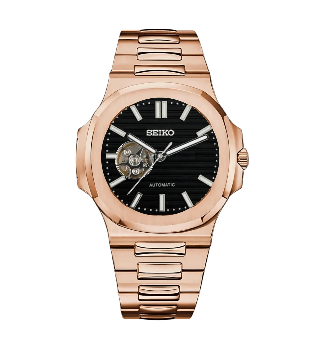 ROSE GOLD BLACK OPEN HEART Seiko Mod NAUTIKO
