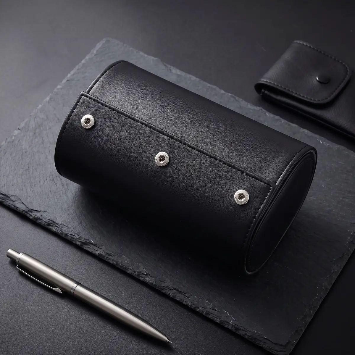 Seiko Mod Uhr 2-TEILIGES UHREN-REISESET (SCHWARZ) – Flatlay auf Schiefer – MedoMods