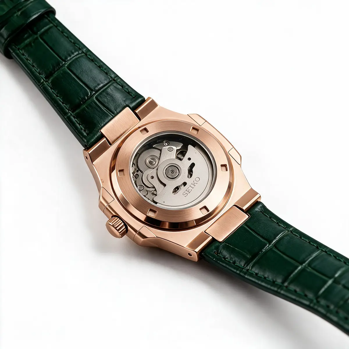 Seiko Mod Uhr NAUT MOD | Open Heart Roségold mit grünem Zifferblatt – Automatik – Gehäuseboden Roségold, Lederband – MedoMods