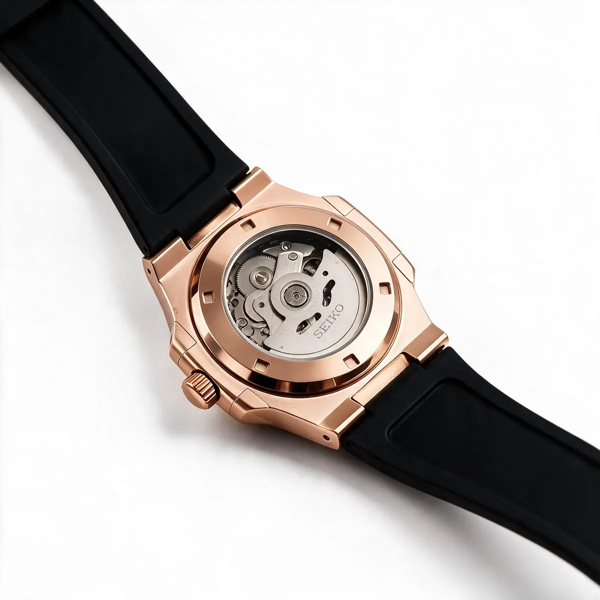 Seiko Mod Uhr NAUT MOD | Roségold-Gehäuse, blaues Zifferblatt, schwarzes – Gehäuseboden Roségold, Kautschukband – MedoMods