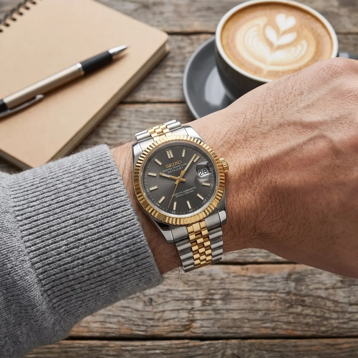 Seiko Mod Uhr CLASSIC MOD - ZWEIFARBIG GOLD & SCHWARZ – am Handgelenk – Wristshot – MedoMods