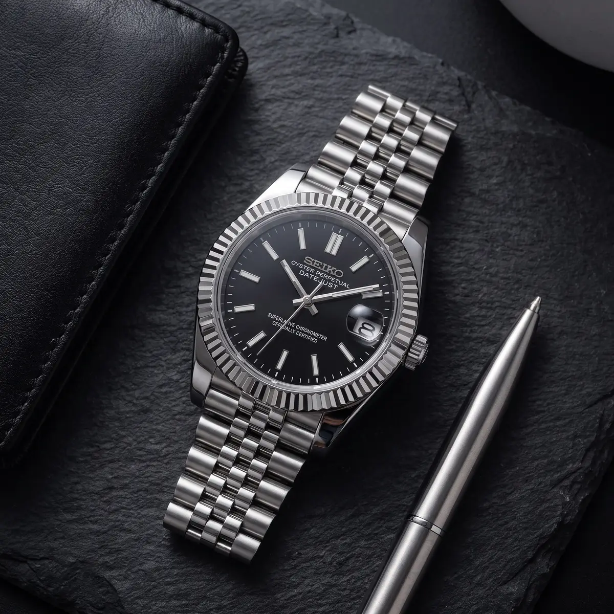 Seiko Mod Uhr DATE MOD CLASSIC BLACK – Flatlay auf Schiefer – MedoMods
