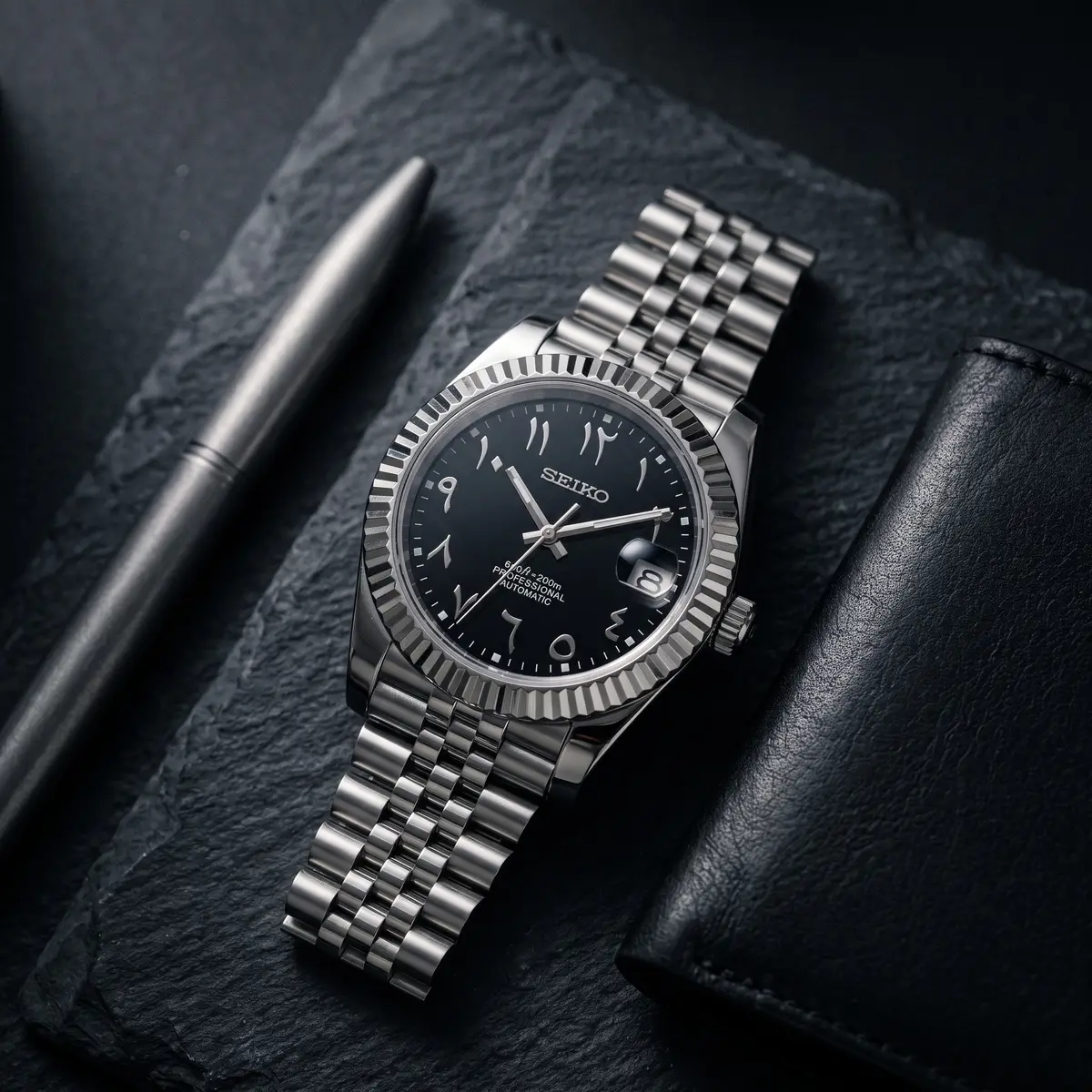 Seiko Mod Uhr DATE MOD CLASSIC MOD – SCHWARZ, ARABISCHE ZIFFERN – Flatlay auf Schiefer – MedoMods