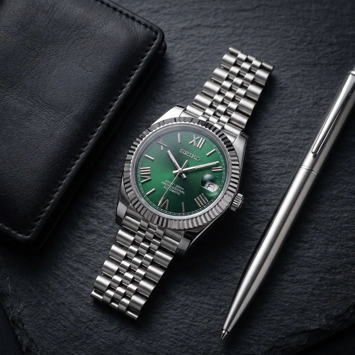 Seiko Mod Uhr DATE MOD CLASSIC MOD – GRÜNE RÖMISCHE ZIFFERN – Flatlay auf Schiefer – MedoMods