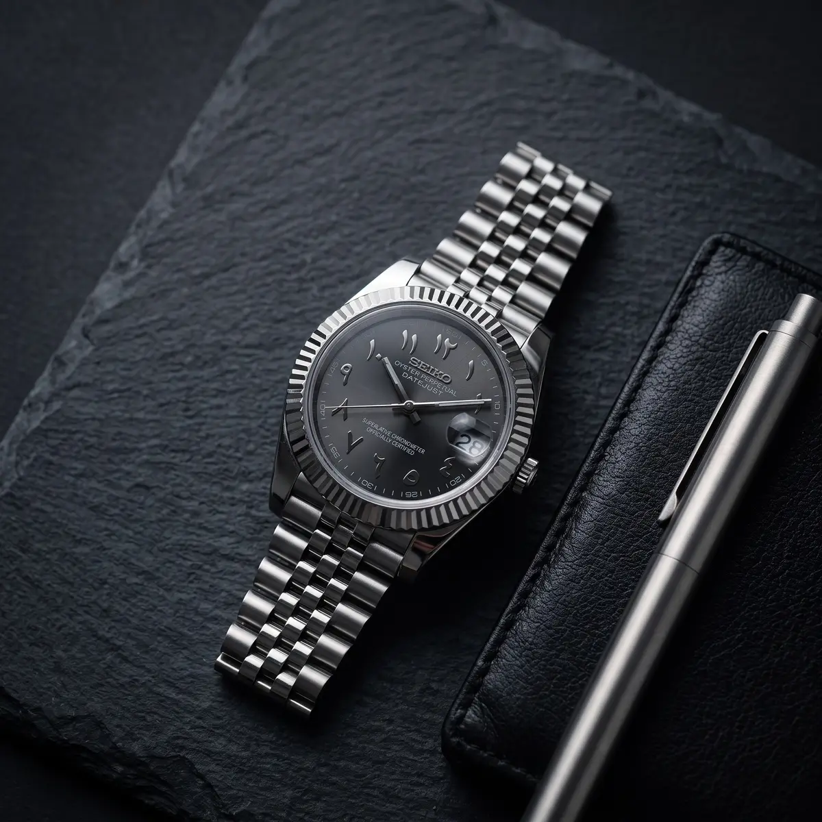 Seiko Mod Uhr DATE MOD CLASSIC MOD β GRAU, ARABISCH β Flatlay auf Schiefer β MedoMods