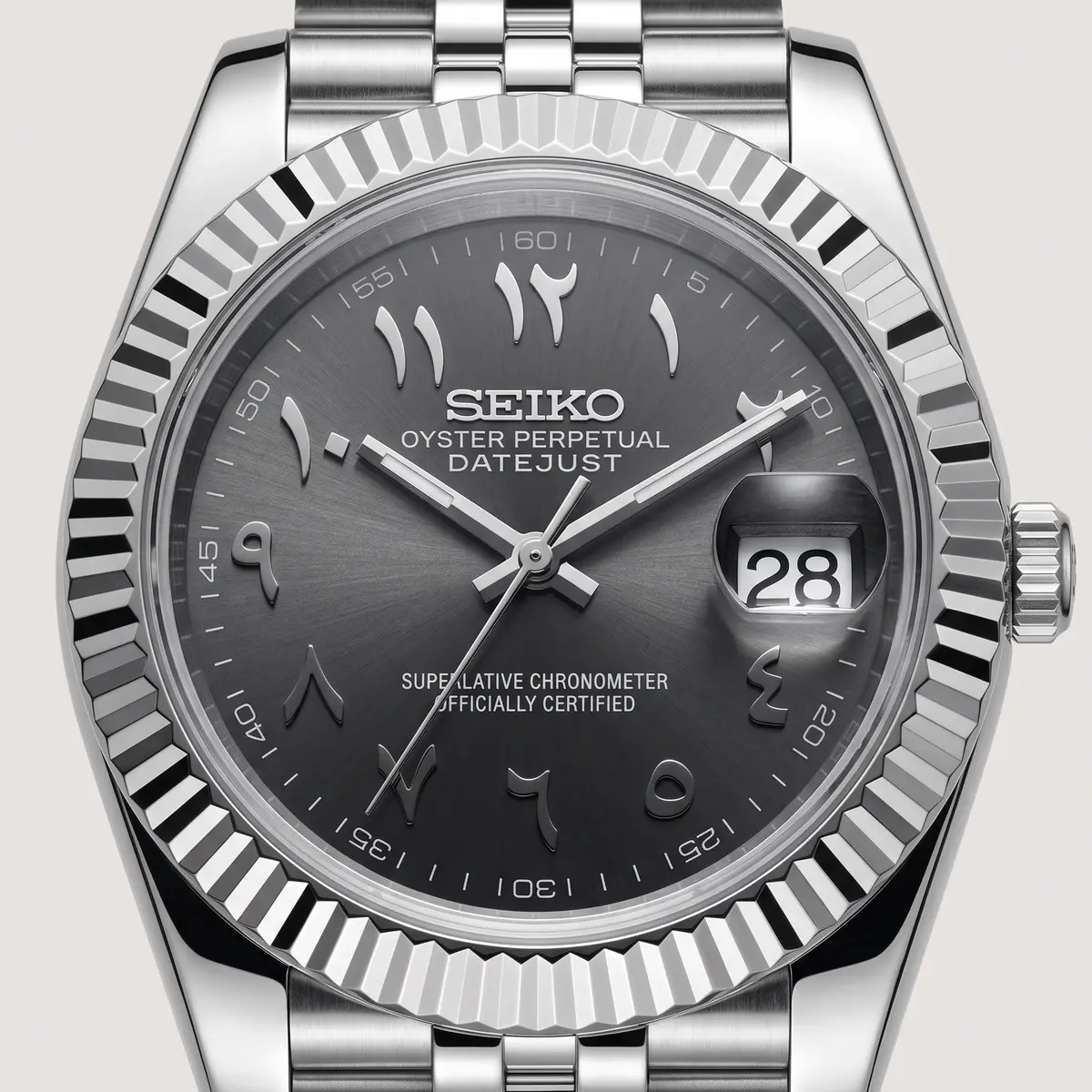 Seiko Mod Uhr DATE MOD CLASSIC MOD – GRAU, ARABISCH – Zifferblatt Nahaufnahme – MedoMods