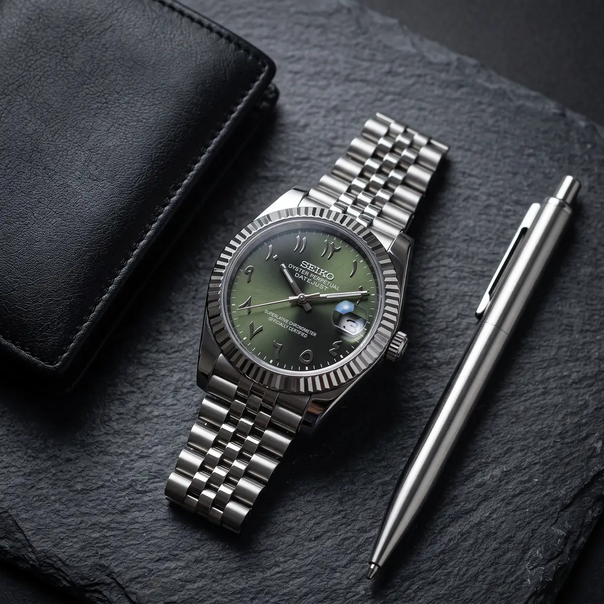 Seiko Mod Uhr DATE MOD CLASSIC MOD – OLIVE ARABIC – Flatlay auf Schiefer – MedoMods