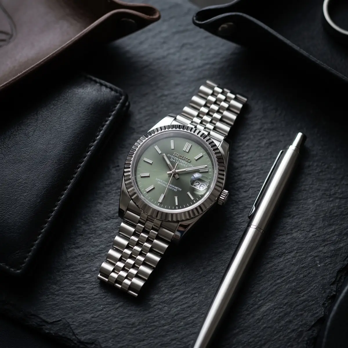 Seiko Mod Uhr DATE MOD CLASSIC MOD – OLIVE – Flatlay auf Schiefer – MedoMods