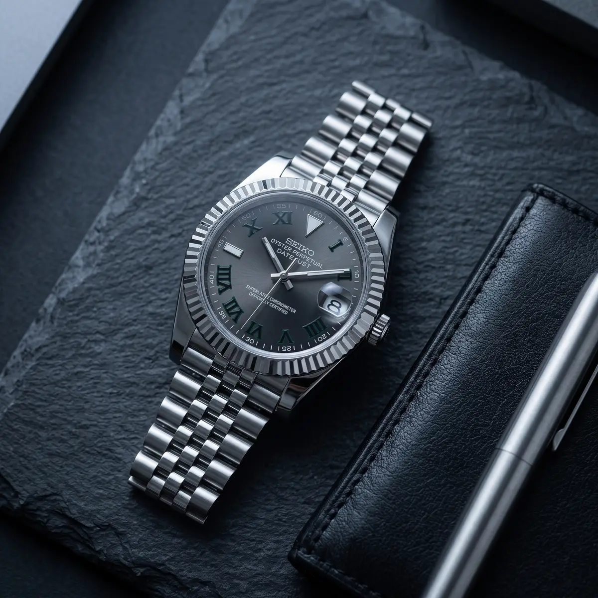 Seiko Mod Uhr DATE MOD CLASSIC MOD – WIMBLEDON – Flatlay auf Schiefer – MedoMods