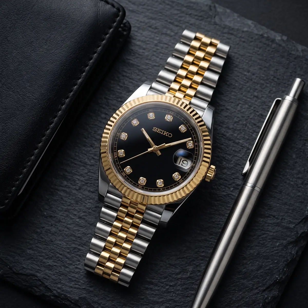 Seiko Mod Uhr DATE MOD | Goldfarbenes schwarzes Zifferblatt – Automatik – Flatlay auf Schiefer – MedoMods