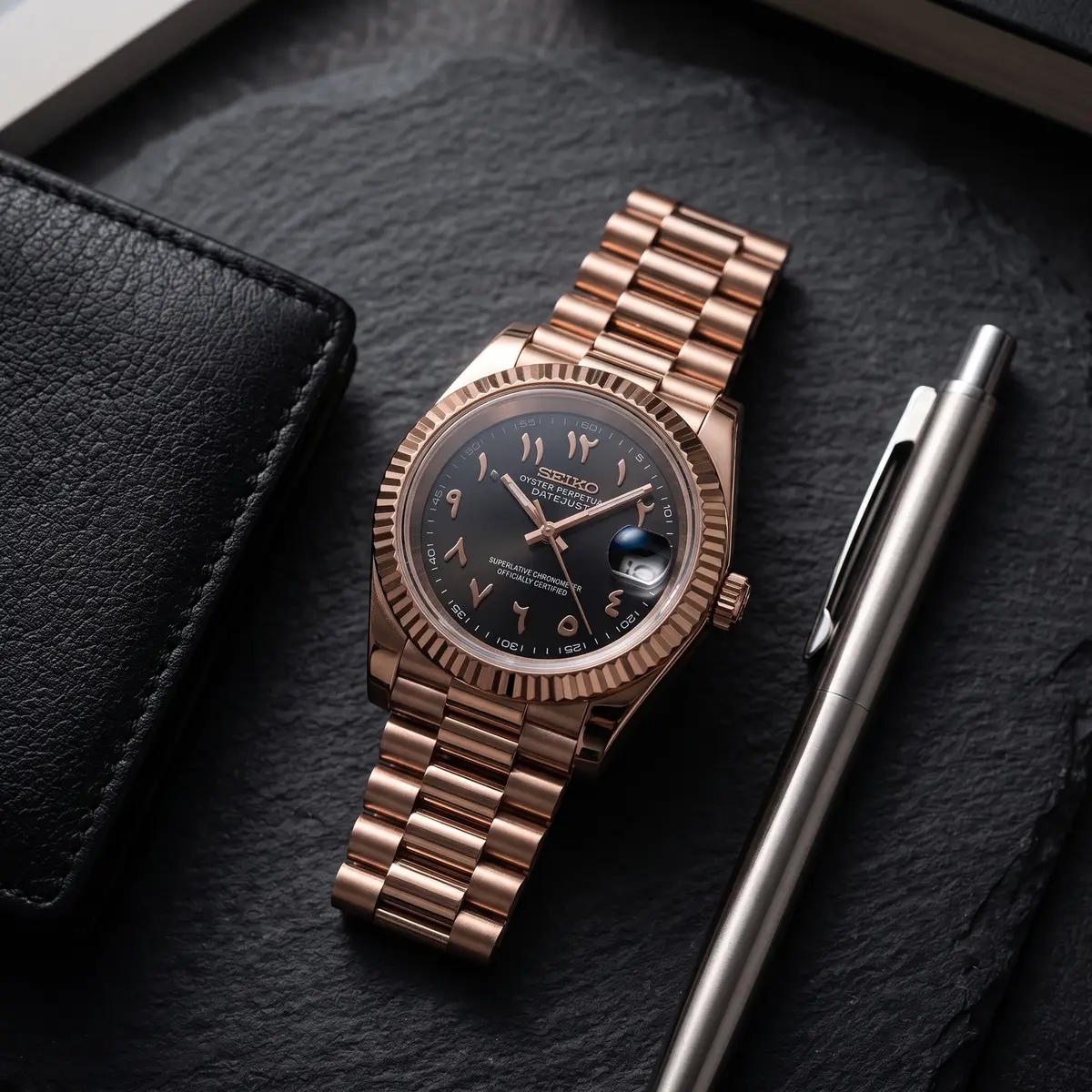 Seiko Mod Uhr DATE MOD | Roségold mit schwarzem Zifferblatt in arabischer Schrift – Automatik – Flatlay auf Schiefer – MedoMods