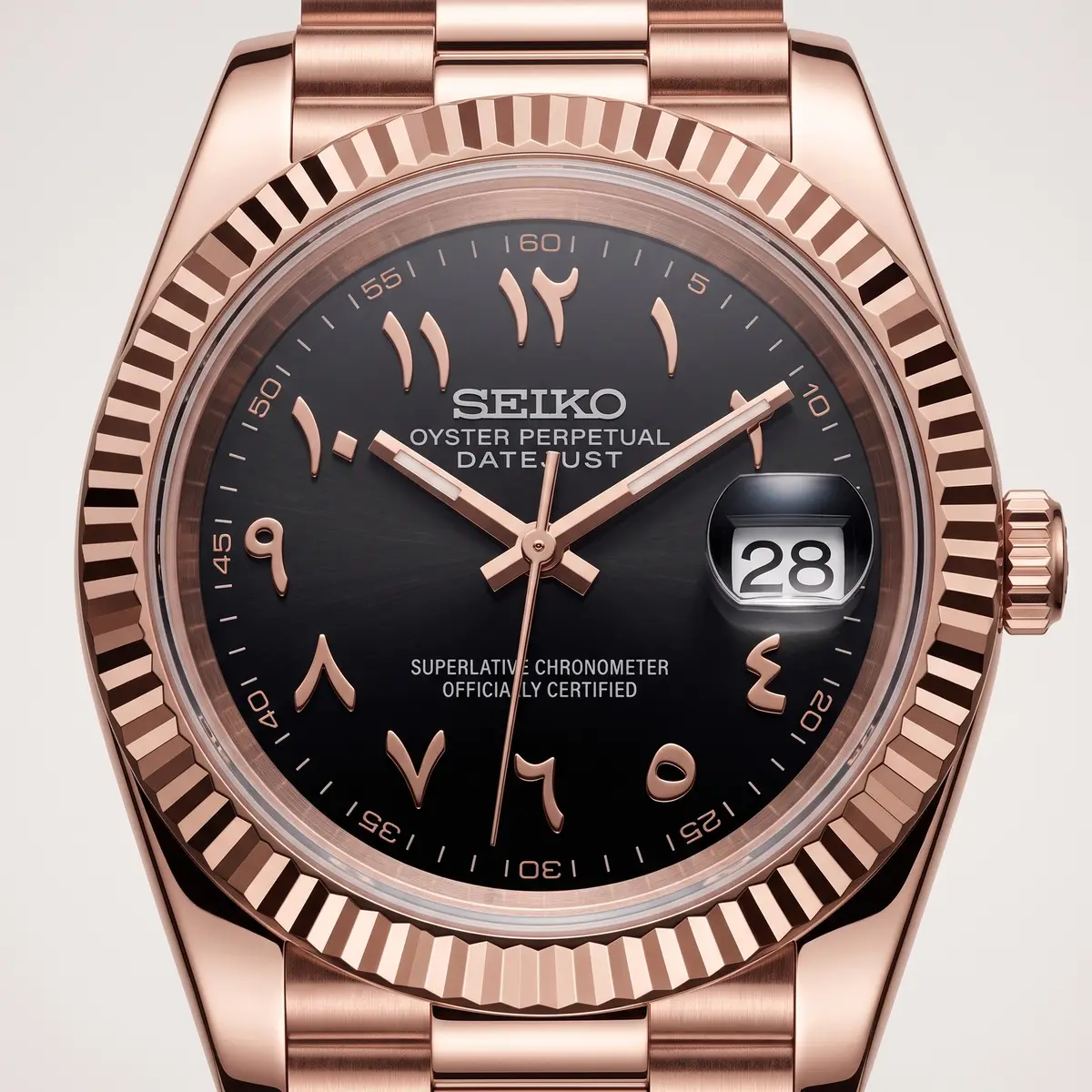 Seiko Mod Uhr DATE MOD | Roségold mit schwarzem Zifferblatt in arabischer Schrift – Automatik – Zifferblatt Nahaufnahme – MedoMods
