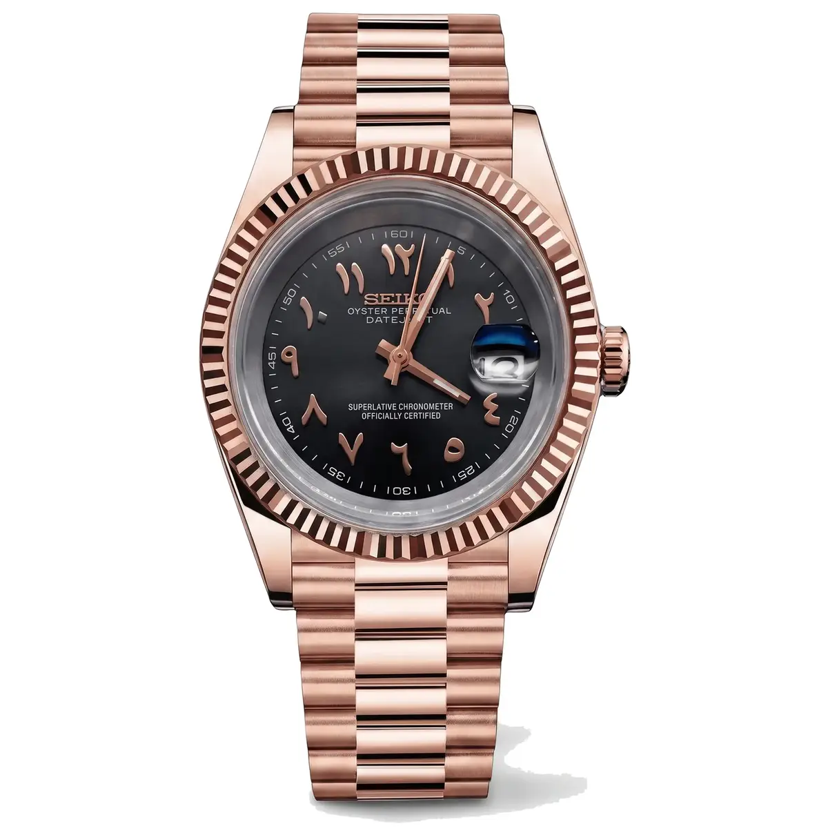 Black rose gold Arabic Seiko NH35 mod watch on jubilee bracelet, front view