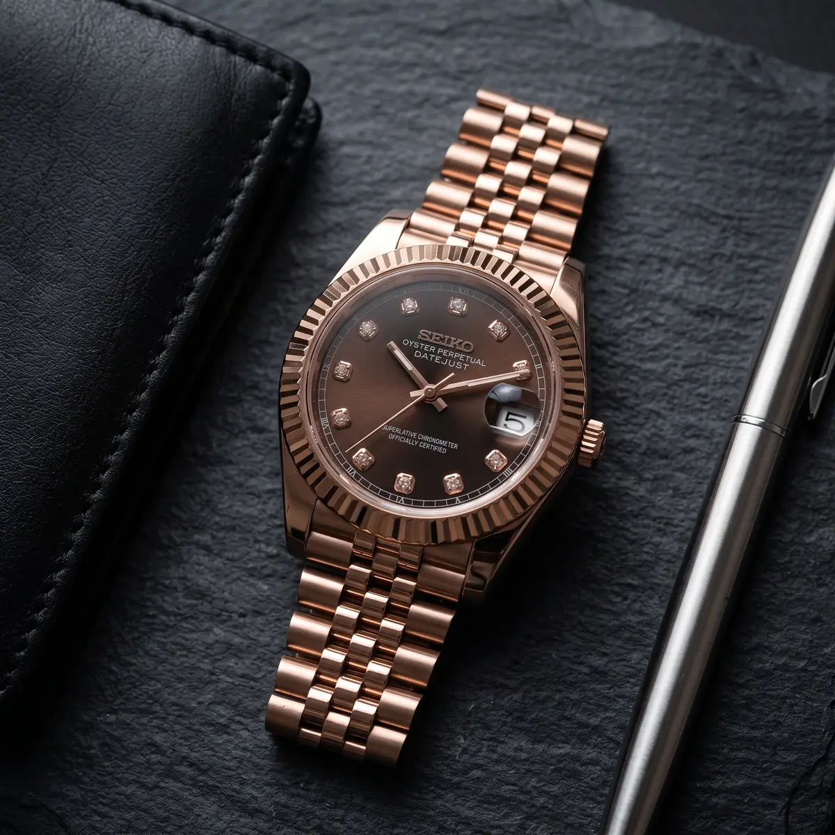 Seiko Mod Uhr DATE MOD | Roségold mit braunem Zifferblatt – Automatik – Flatlay auf Schiefer – MedoMods