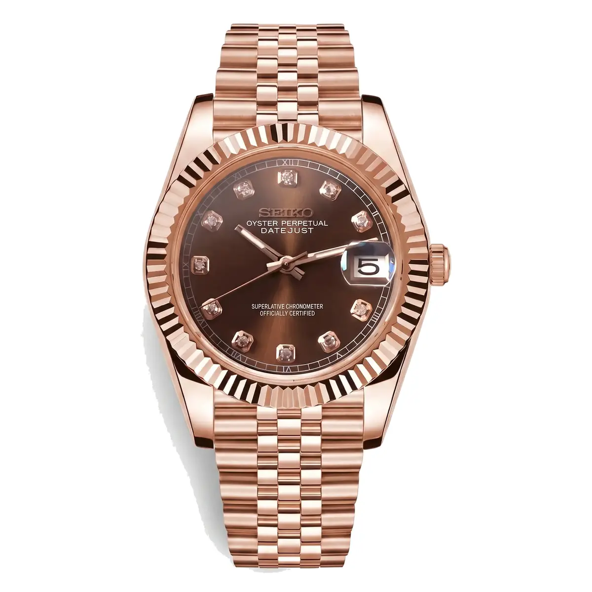 brown diamond dial rose gold Seiko NH35 mod watch on jubilee bracelet, front view