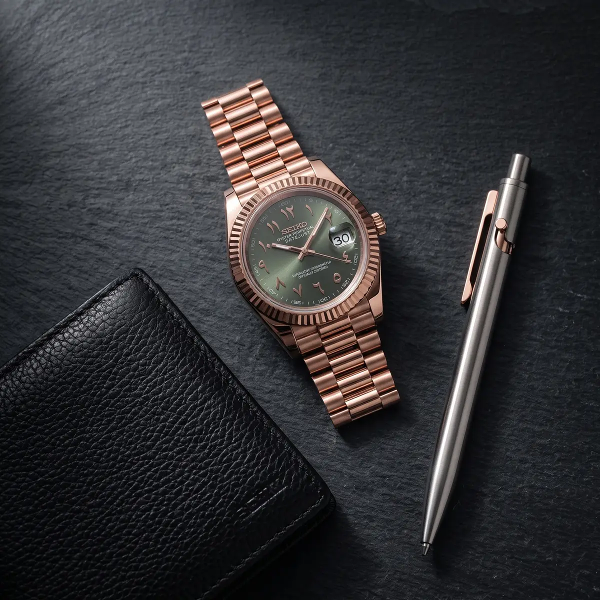 Seiko Mod Uhr DATE MOD | Roségold mit grünem Zifferblatt in arabischer Schrift – Automatik – Flatlay auf Schiefer – MedoMods