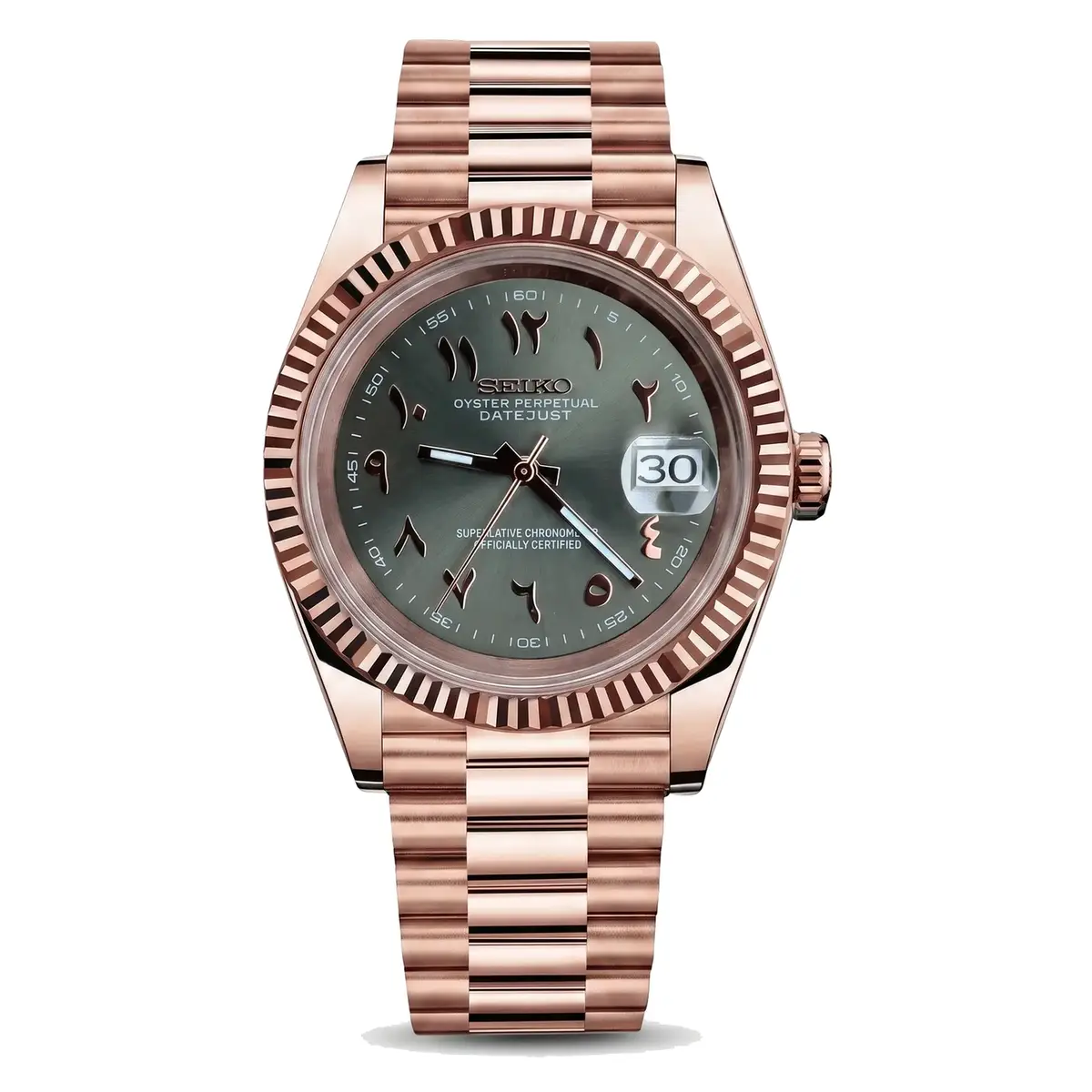 green rose gold Arabic Seiko NH35 mod watch on jubilee bracelet, front view