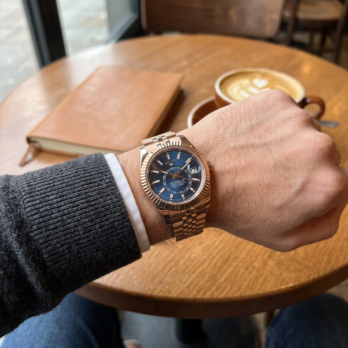 Seiko Mod Uhr DATE MOD | RoseGold Midnight Blue Sky Dweller – Automatik – am Handgelenk – Wristshot – MedoMods