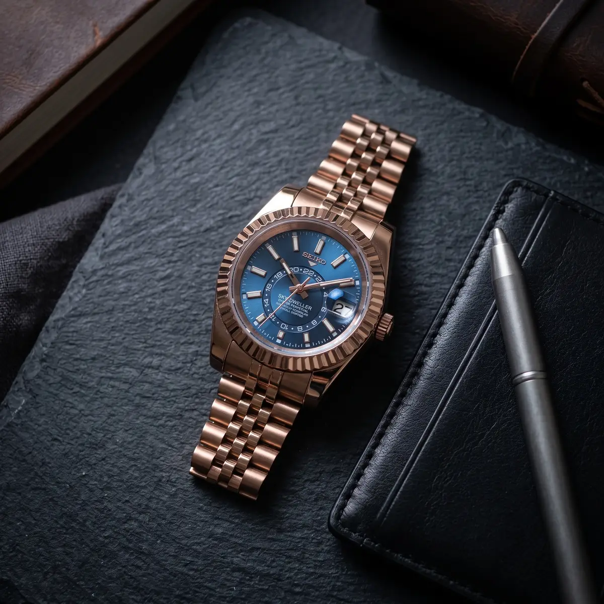 Seiko Mod Uhr DATE MOD | RoseGold Midnight Blue Sky Dweller – Automatik – Flatlay auf Schiefer – MedoMods