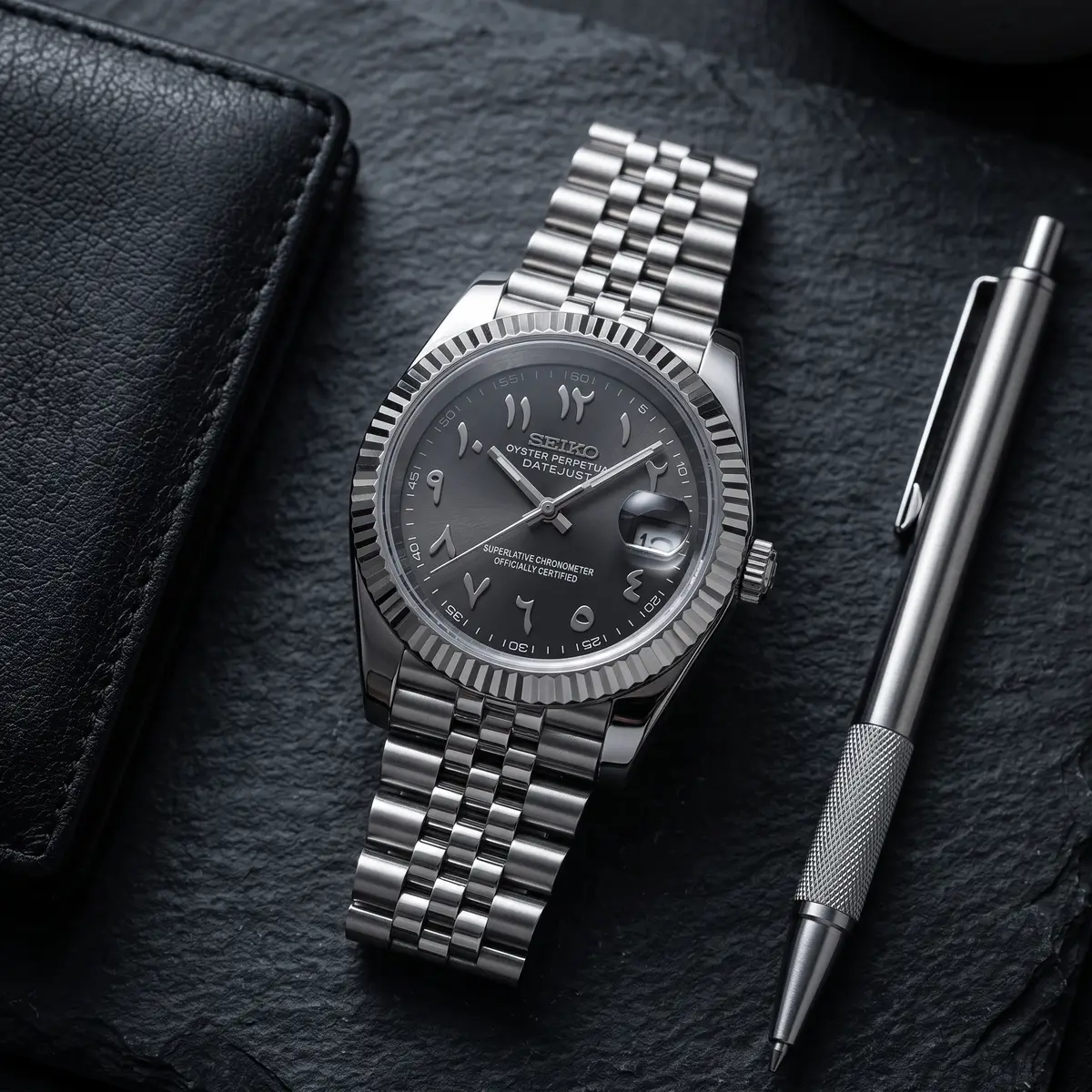 Seiko Mod Uhr DATE MOD | Stahl, schwarzes Zifferblatt mit arabischen Ziffern – Automatik – Flatlay auf Schiefer – MedoMods