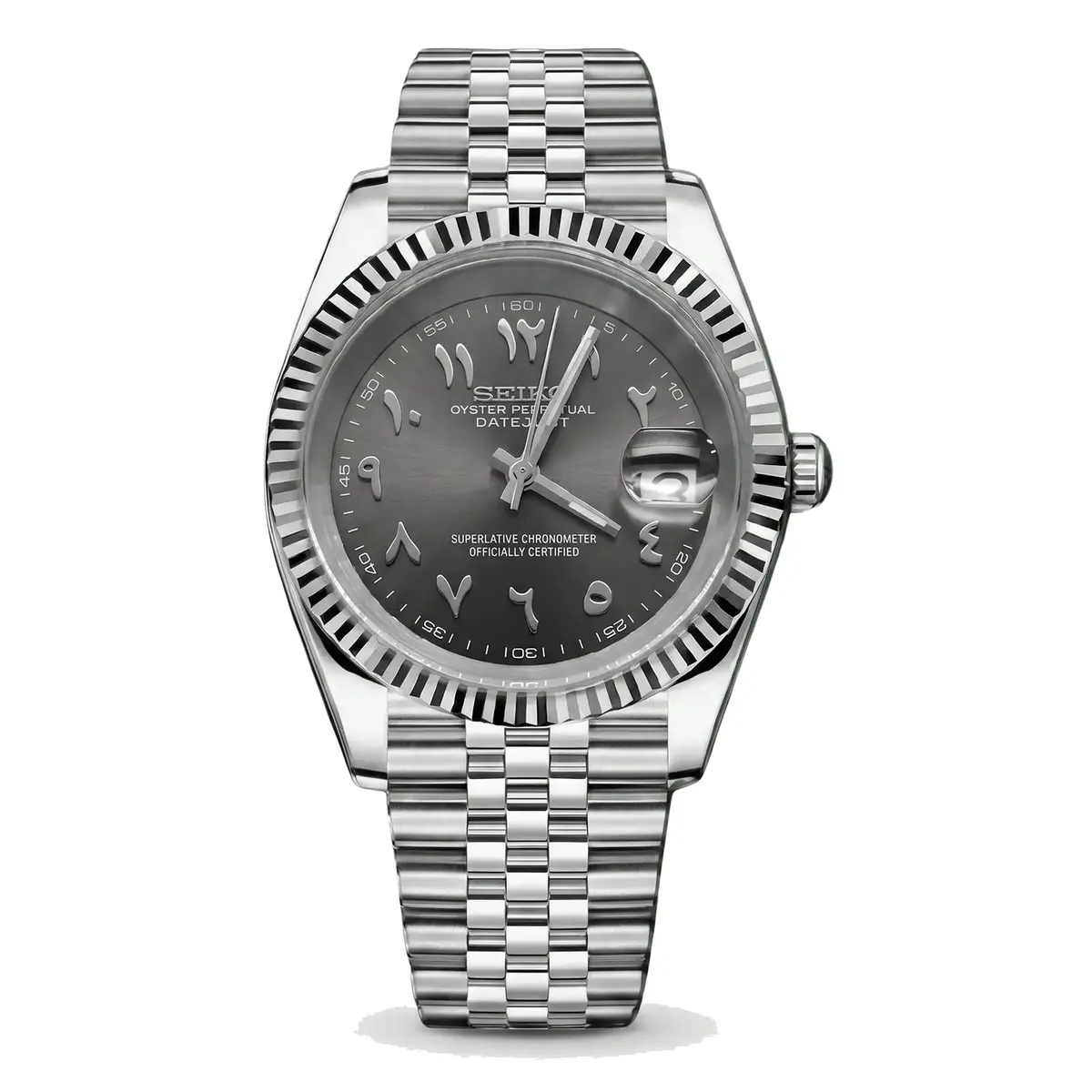 black Arabic dial stainless steel Seiko NH35 mod watch on jubilee bracelet, front view