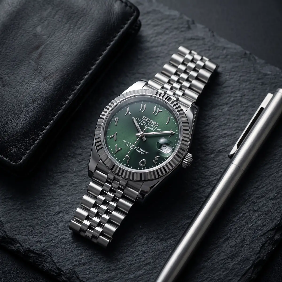 Seiko Mod Uhr DATE MOD | Stahl, grünes Zifferblatt mit arabischen Ziffern – Automatik – Flatlay auf Schiefer – MedoMods