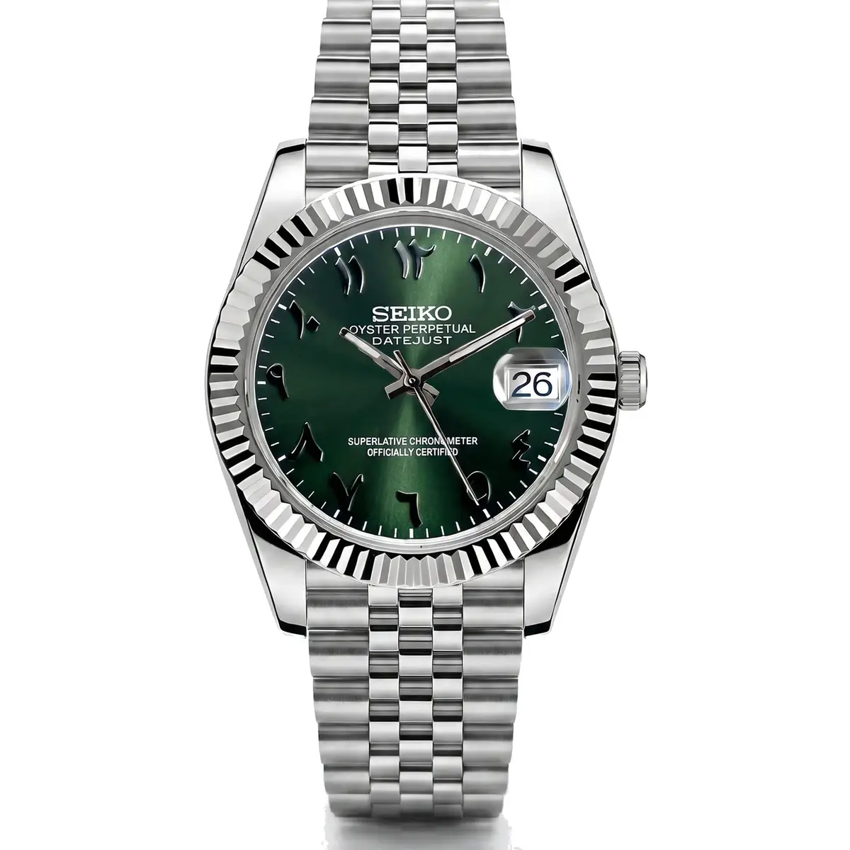 green Arabic dial stainless steel Seiko NH35 mod watch on jubilee bracelet, front view