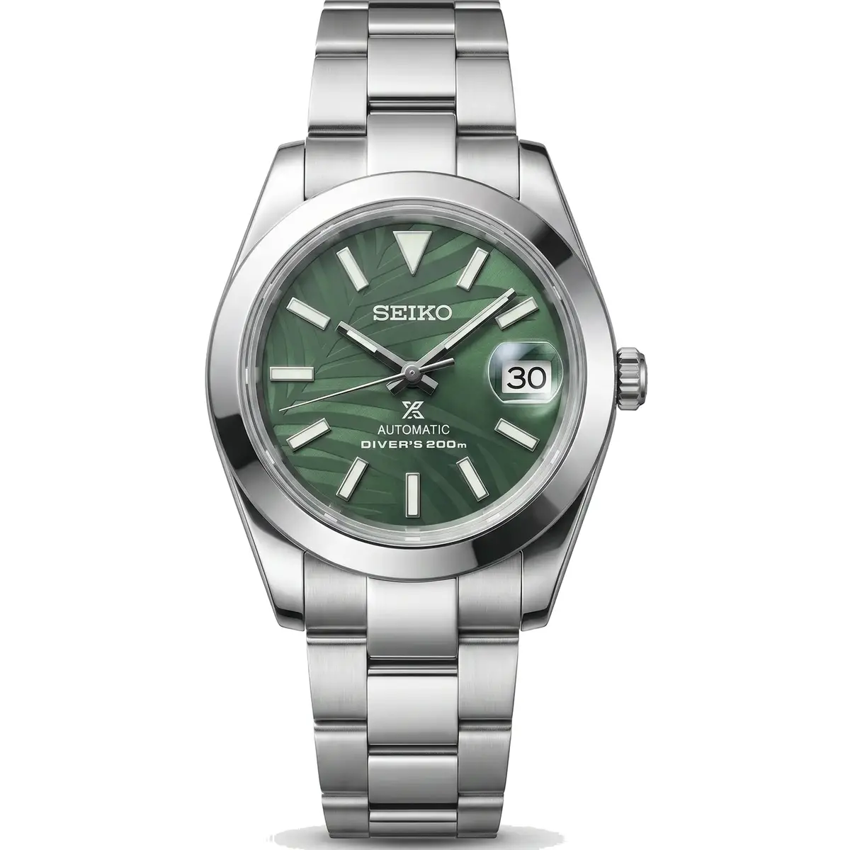 green leaf dial stainless steel Seiko NH35 mod watch with smooth bezel on oyster bracelet, front view