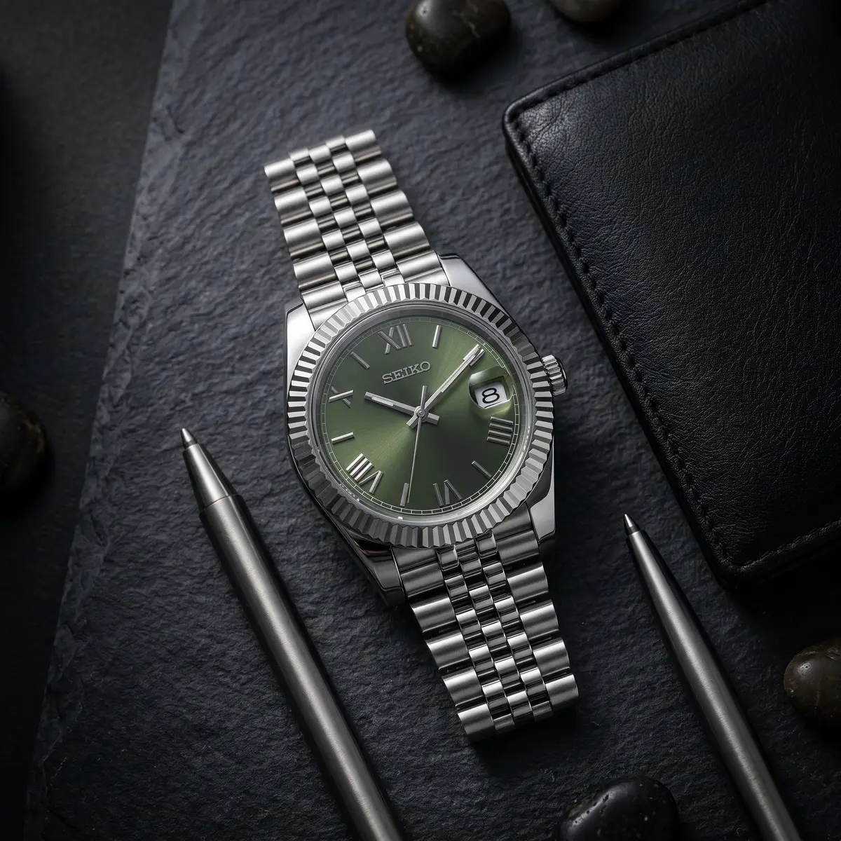 Seiko Mod Uhr DATE MOD | Stahl, grünes Zifferblatt mit römischen Ziffern – Automatik – Flatlay auf Schiefer – MedoMods
