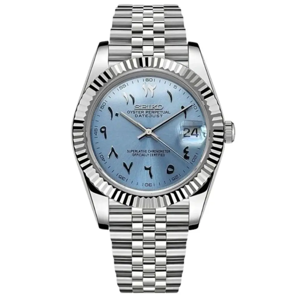DATE MOD Seiko Mod mit eisblauem Zifferblatt und arabischen Ziffern, geriffelte Lünette, Jubilee-Armband – MedoMods