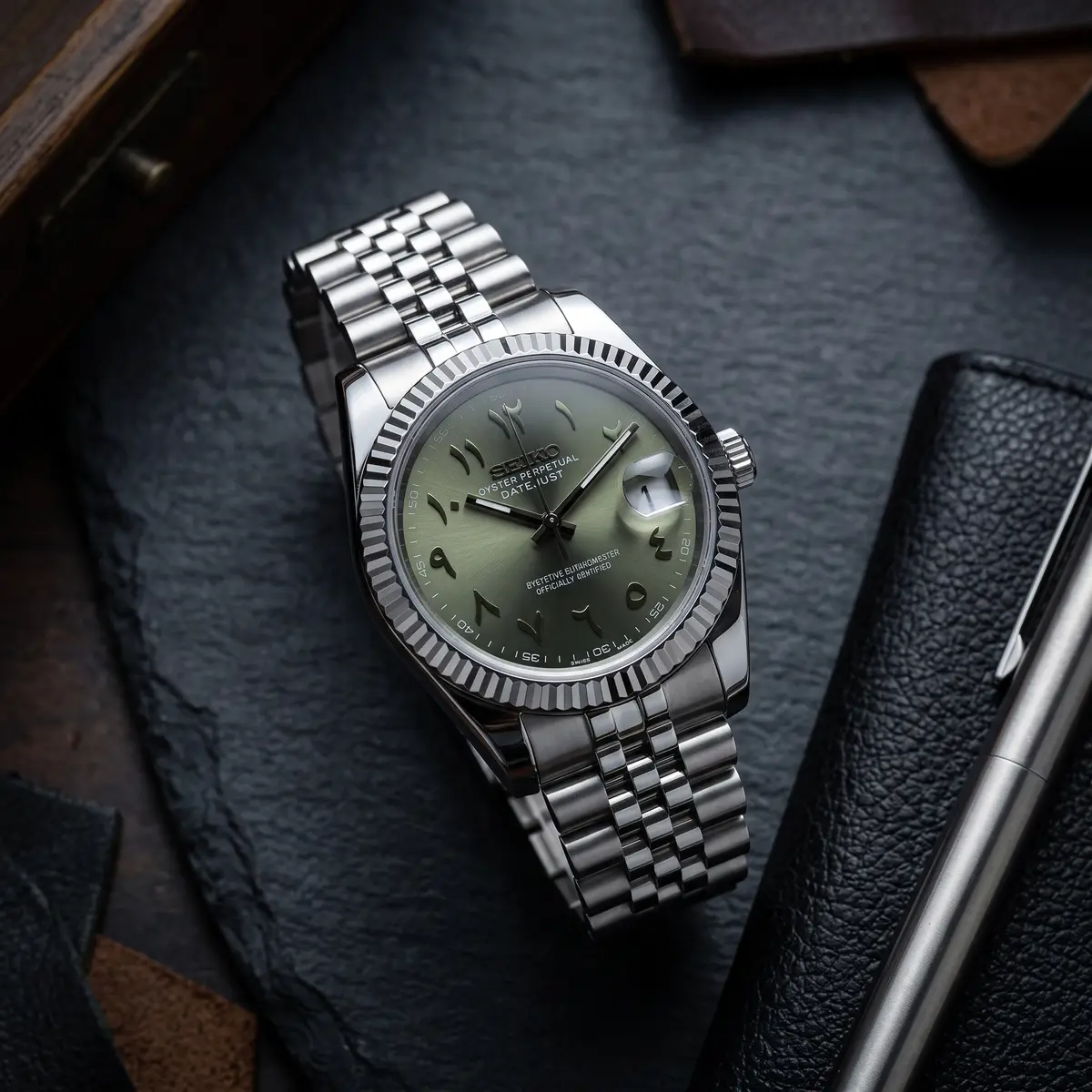 Seiko Mod Uhr DATE MOD | Stahl, olivgrünes Zifferblatt mit arabischen Ziffern – Automatik – Flatlay auf Schiefer – MedoMods