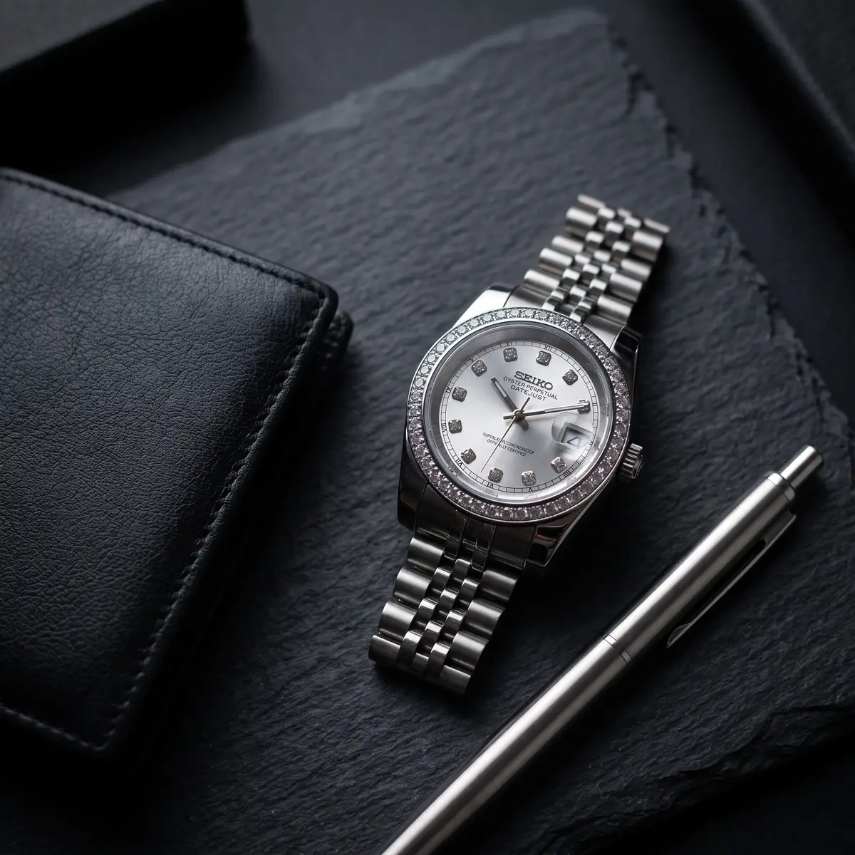 Seiko Mod Uhr DATE MOD | Stahl, silbernes Zifferblatt mit Diamanten – Automatikwerk – Flatlay auf Schiefer – MedoMods