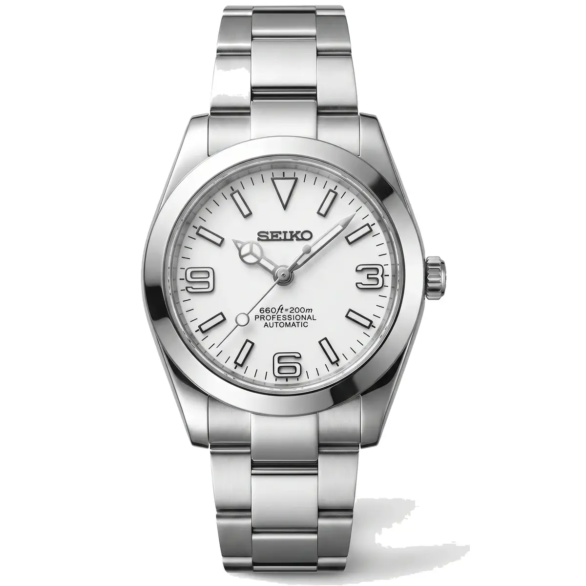 White dial Seiko NH35 explorer style mod watch on stainless steel bracelet – MedoMods