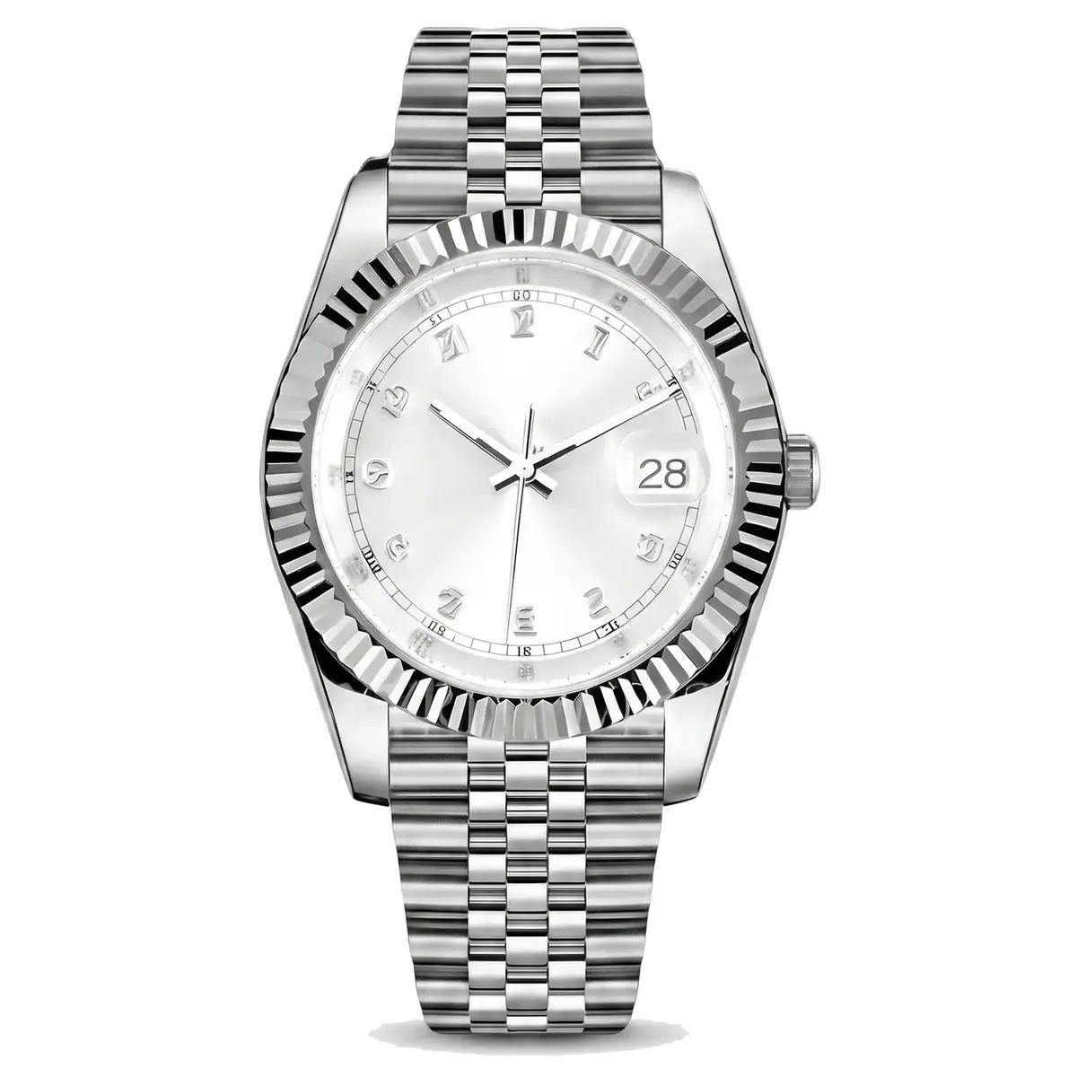 white diamond dial stainless steel Seiko NH35 mod watch on jubilee bracelet, front view