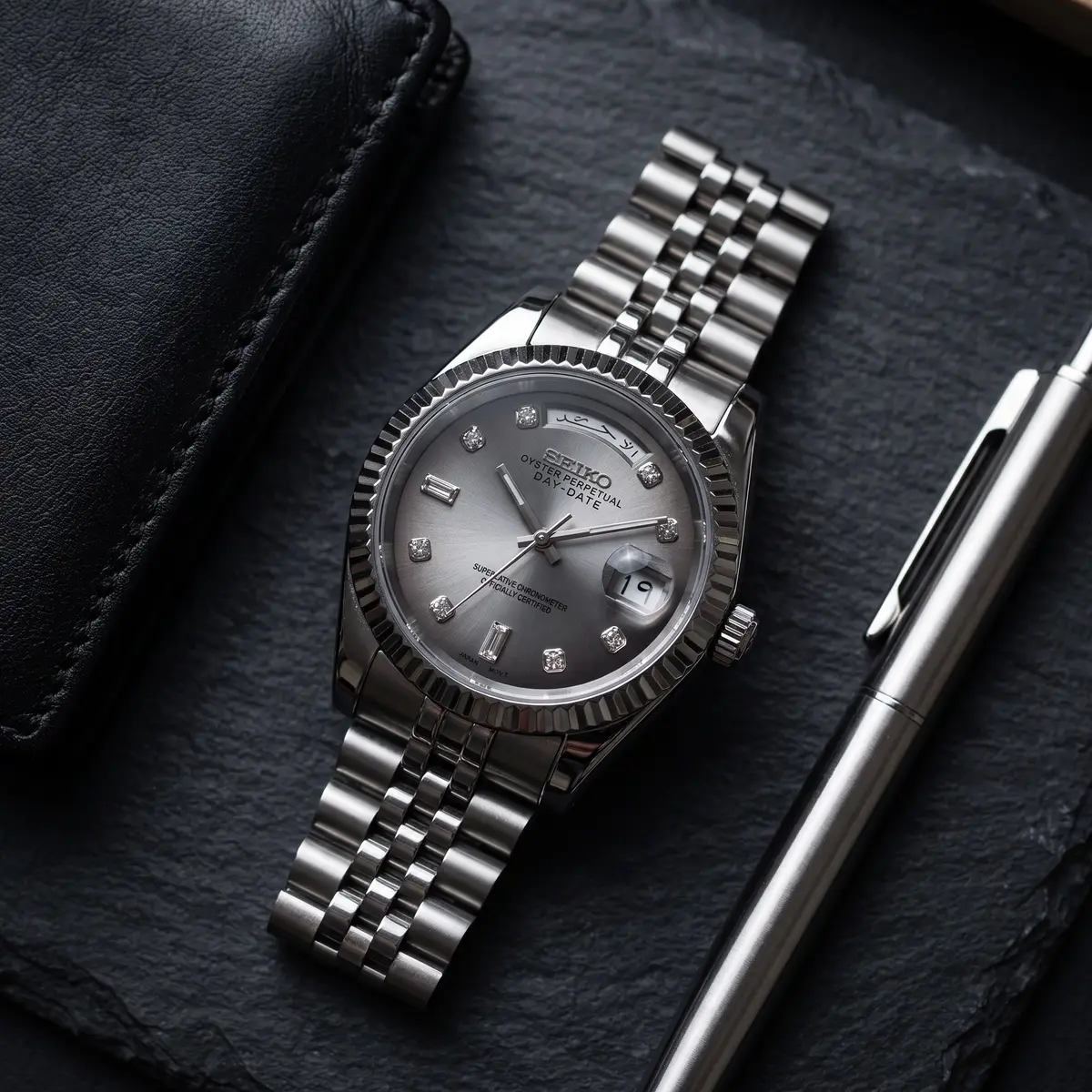 Seiko Mod Uhr DAY MOD – Graues arabisches Tagesrad • Automatik – Flatlay auf Schiefer – MedoMods